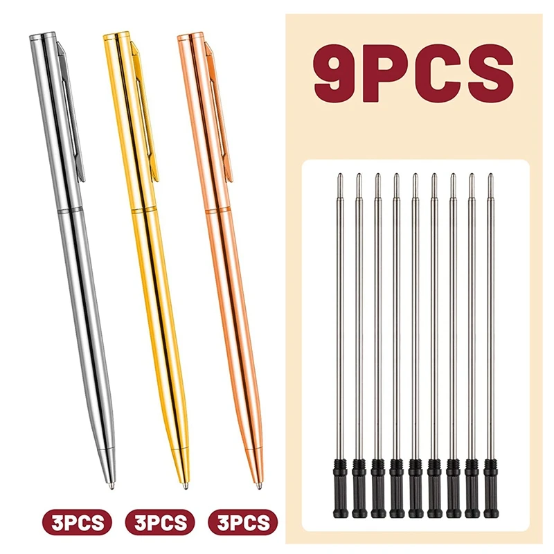 금속 볼펜 슬림 개폐식 볼펜, 블랙 잉크 금속 펜, 웨딩 비즈니스 사무실 학생용, 9 개