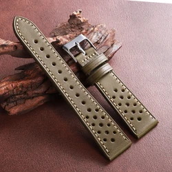 Vintage Brown & Black Handmade Cowhide Leather Watch Strap - Breathable and Stylish - 22mm (Army Green)