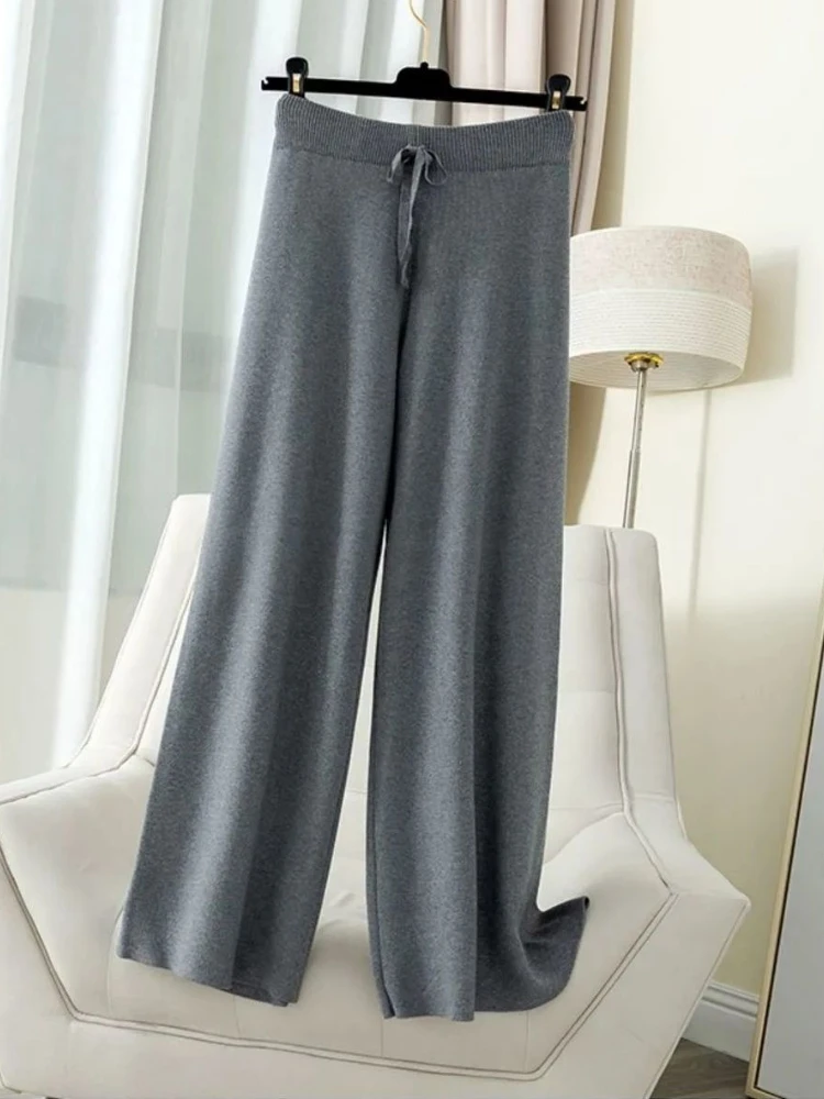 

Pants for Women Autumn Winter New Fashion Solid Color High Waist Wide Leg Pants All Match Knitted Straight Leg Mopping Trousers