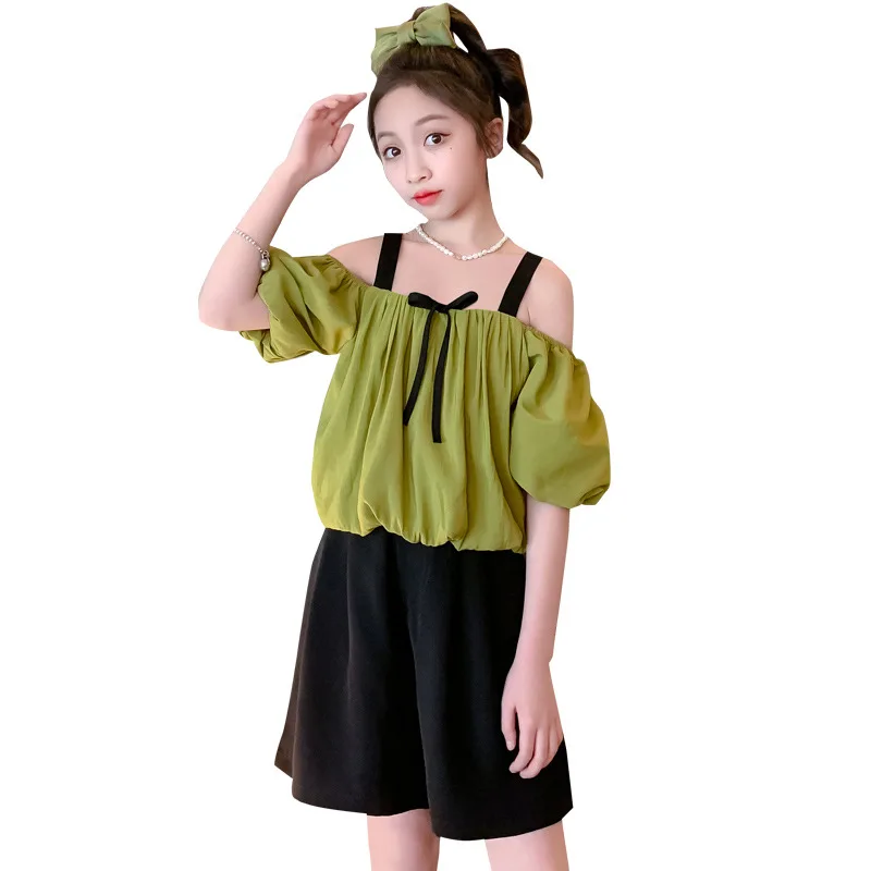 

Girls Summer Clothes Set New Fashion Off-The-Shoulder Top and Shorts Two Pieces Leisure Clothing for Girls Teenager Kids Outfits