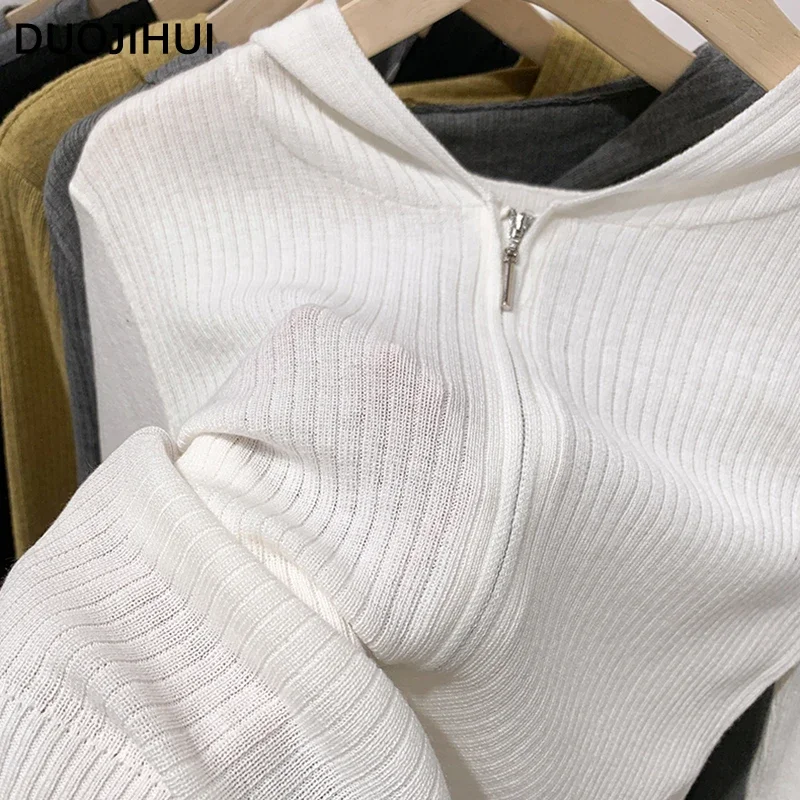 DUOJIHUI 여성용 루즈 슬림 스타일 캐주얼 가디건, 시크한 후드 니트, 심플한 단색 패션 지퍼, 가을 신상