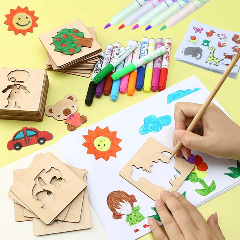 5-20pcs Montessori Kids Drawing Toys Wooden DIY Painting Stencils Template Craft Toys Puzzle Educational for Children Gifts