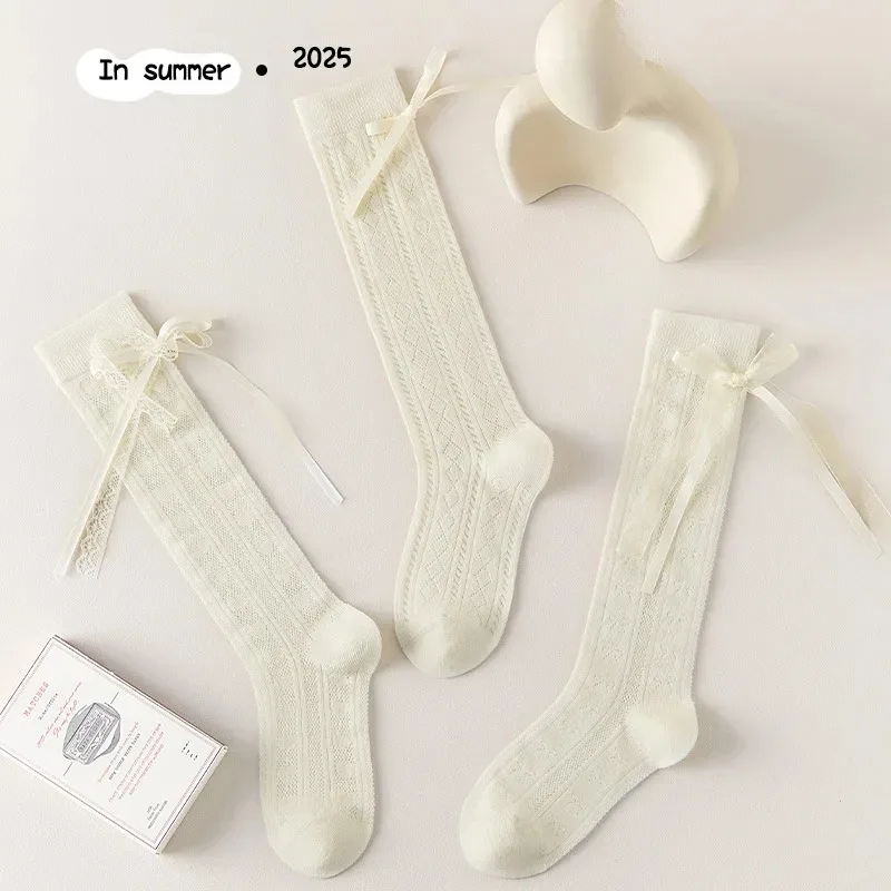 White Hollow Girls Lace Bows High Long Socks Mesh Over Knee Thin Socks for Kids Kawaii Lolita Princess Socks School Stockings