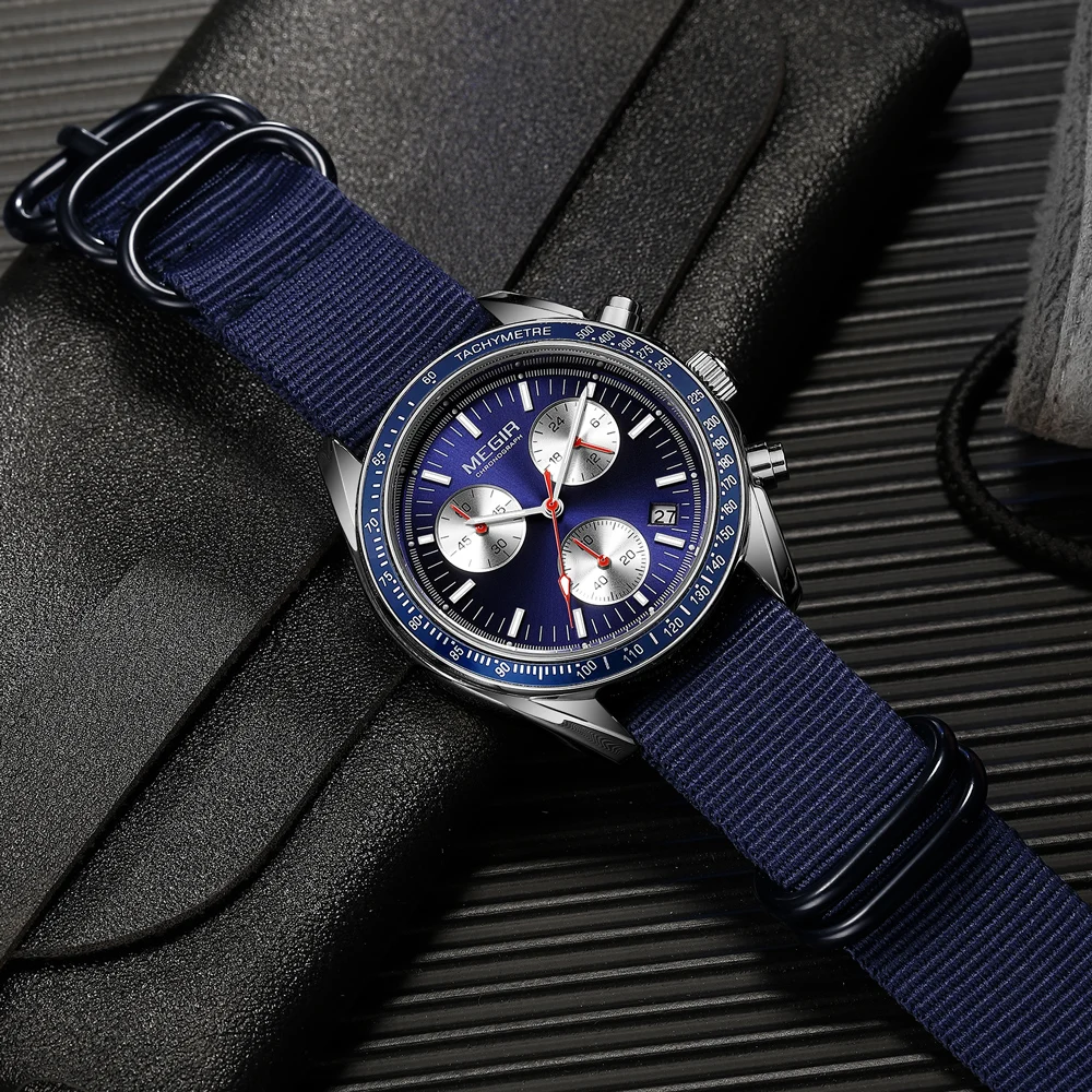 MEGIR Quartz Chronograph Watches Men Waterproof Sport Wristwatch Men's with Fashion Nylon Strap Luminous Pointers Date Male Gift - 3