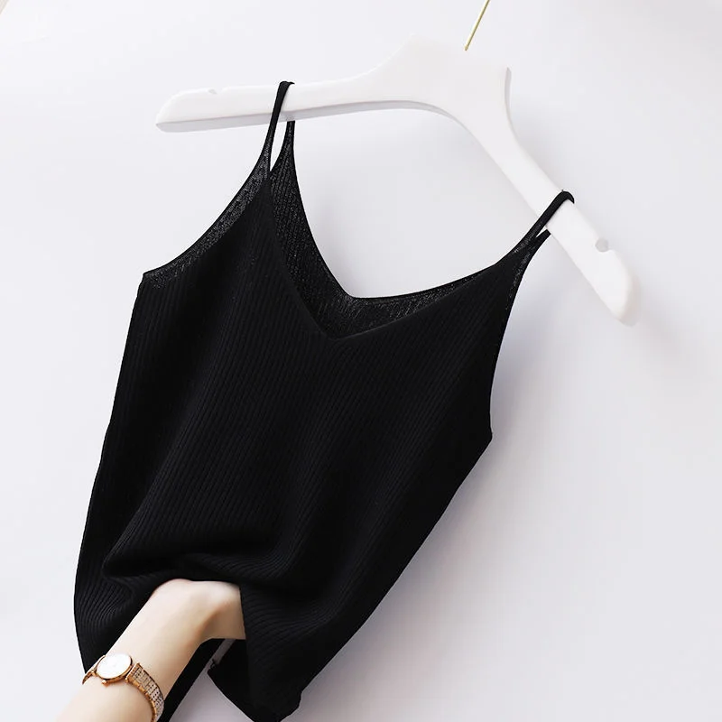 Large Suspender Vest Women Inner Bottom V-neck Ice Silk Sexy Short Thread Knitting Versatile Elegant Top