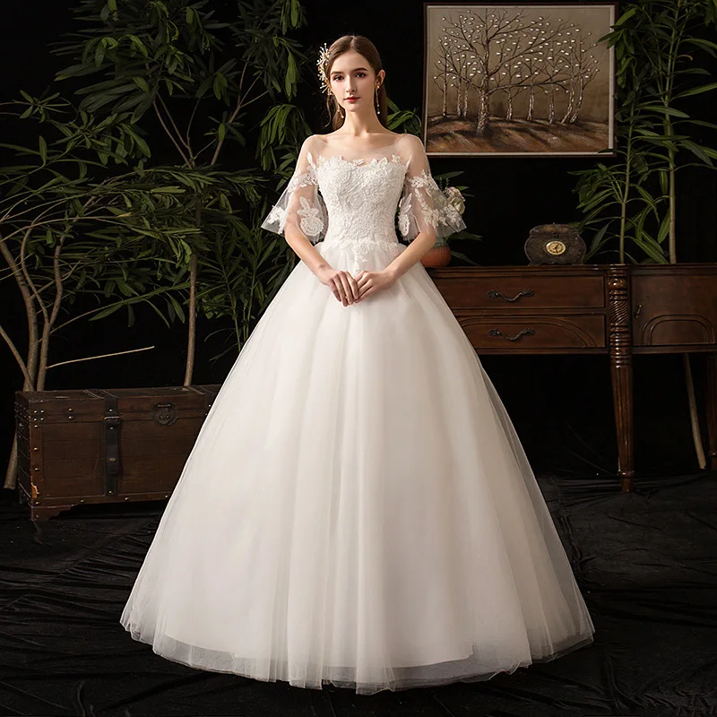 

Light Wedding Dress 2024 New Simple Boat Neck Flare Sleeves Lace Slim Strap Bridal Gowns For Women Vestido De Novia Casamento