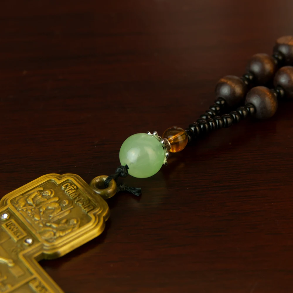 HTISOK Orthodox Necklace With Wooden bead chain Crucifix Gold Wooden Rosary Beaded Chain Religious Jesus Prayer Jewelry