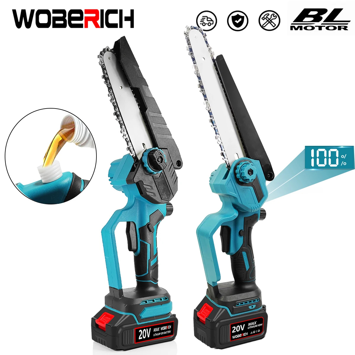 WOBERICH brushless 6 inch 8 inch mini powerful cordless electric chain saw woodworking handheld pruning chainsaw garden cutting tool
