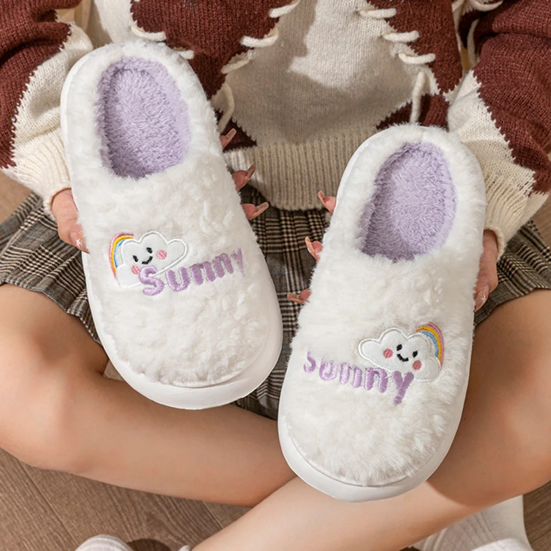 Home Lovely Fluffy Slippers Women 2025 Winter Thick Bottom Non Slip Cotton Slippers Woman Indoor Soft Sole Warm Plush Slides