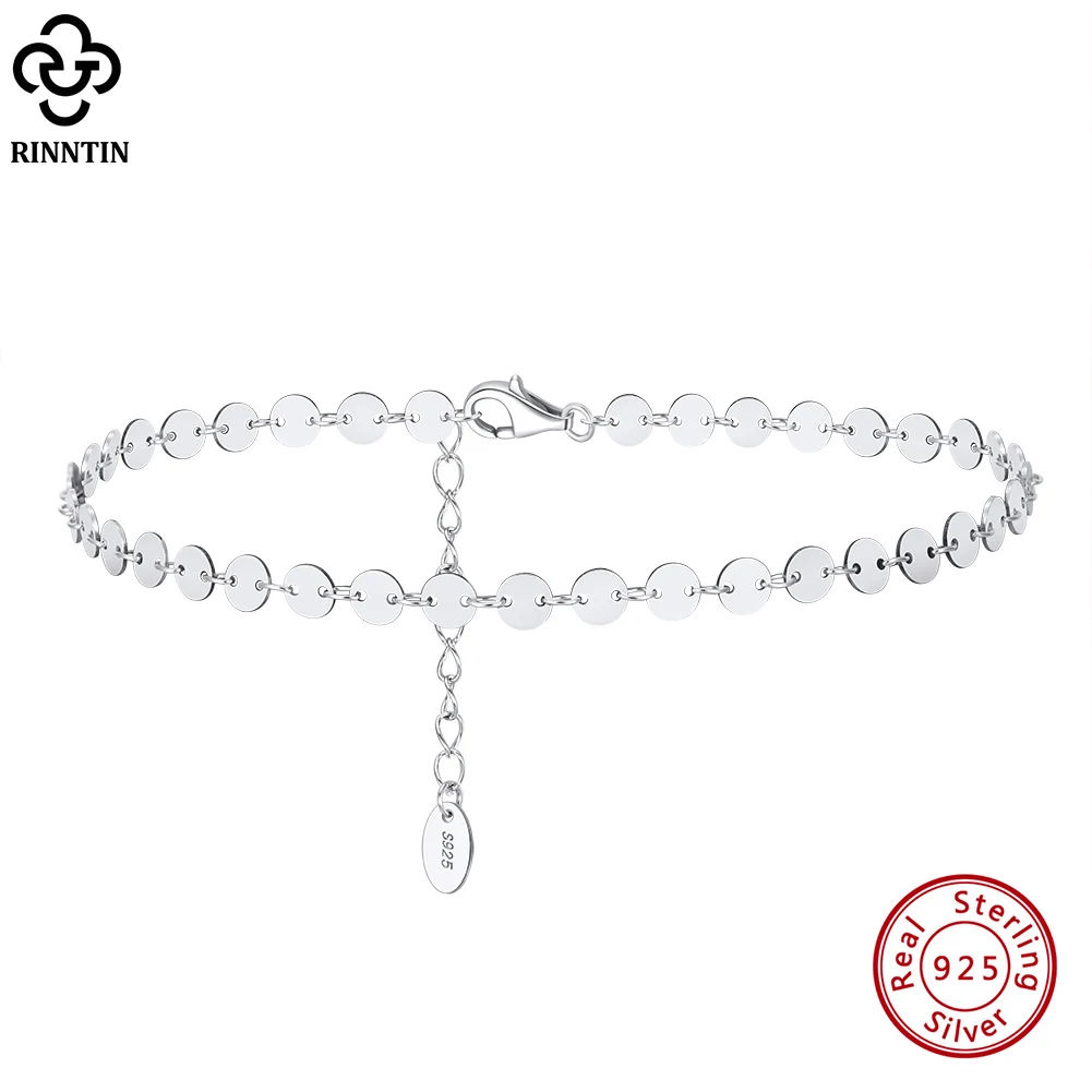 Rinntin Round Plate Chain Anklets for Women 925 Sterling Silver Fashion 14K Gold Foot Chain Bracelet Ankle Straps Jewelry SA25