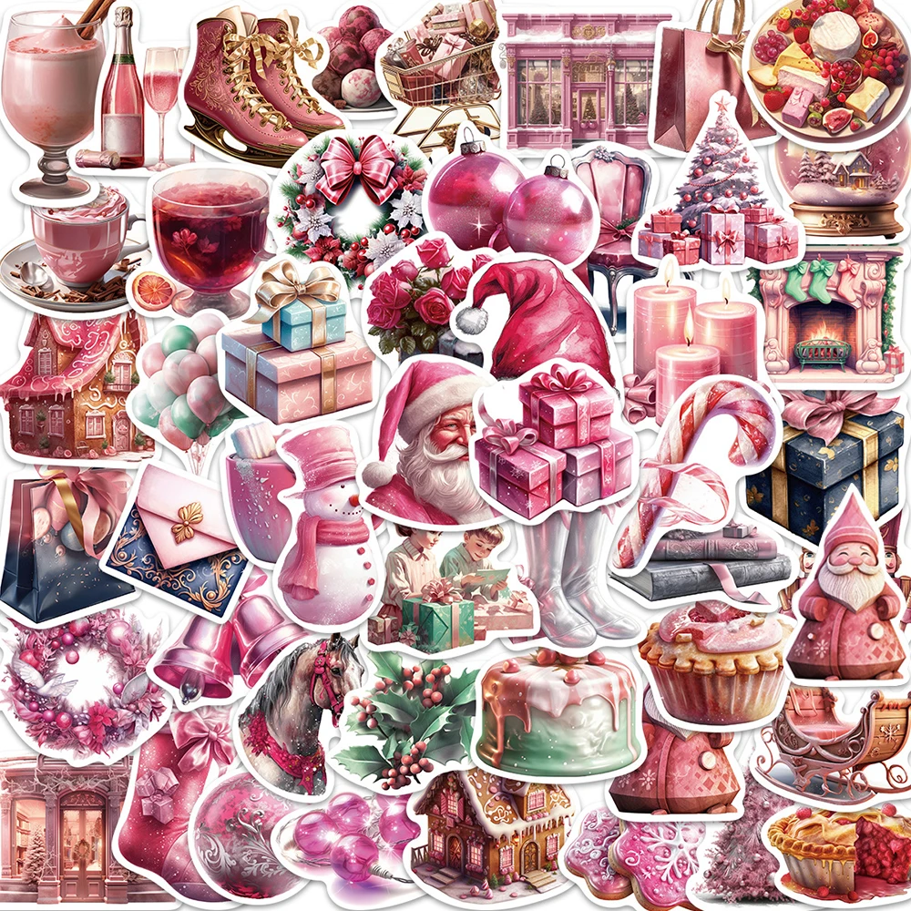 10/30/50pcs Kawaii Pink Christmas Santa Claus Stickers for Window Scrapbooking Bottle Suitcase DIY Cartoon Sticker Decal Toys 20pcs pack silver pink christmas sticker diy craft scrapbooking album junk journal decorative stickers