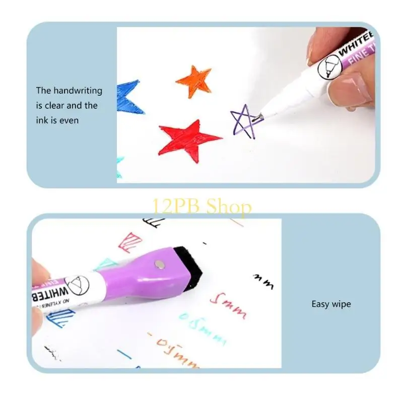 12PB 8 Color Marker 0.5MM Erasable Colorful Whiteboard Marker with Eraser