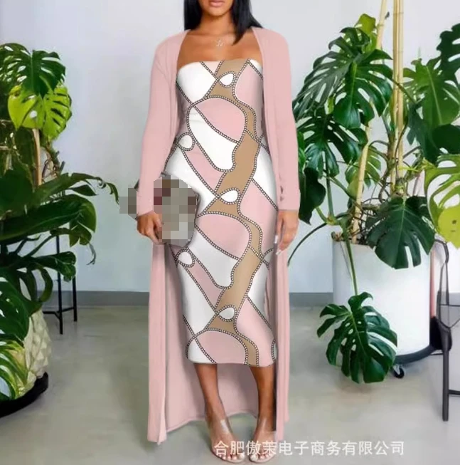 

Women Elegant Wrap Hip Dress Outfits with Long Sleeve Cardigan Temperament Commuting 2024 Spring Women's Bandeau Dresses Set
