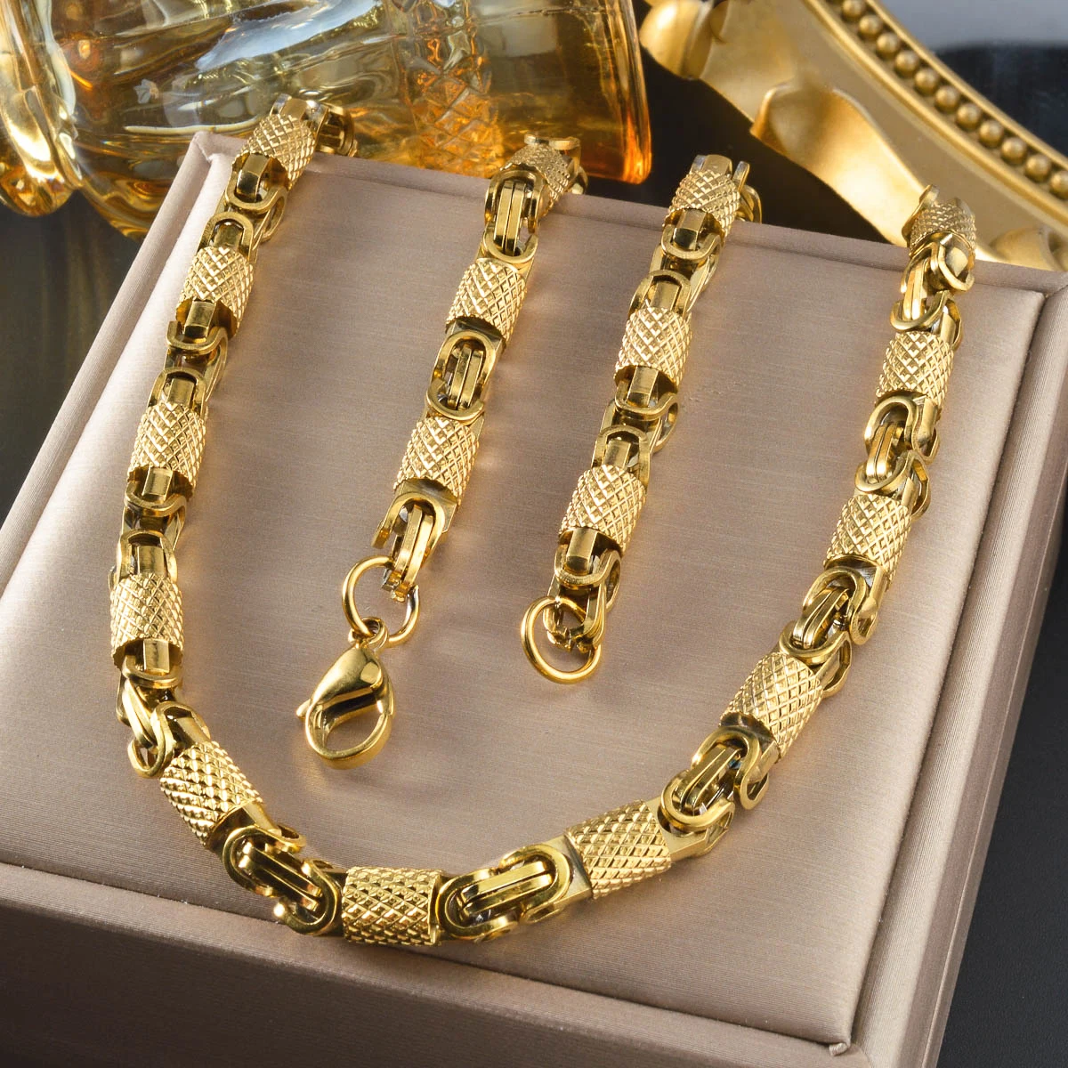 Herren Vintage Punk Strukturierte Zylinder-Gliederkette 18K Vergoldeter Edelstahl Zweifarbig Gold Silber Hip-Hop Schmuck für den Alltag