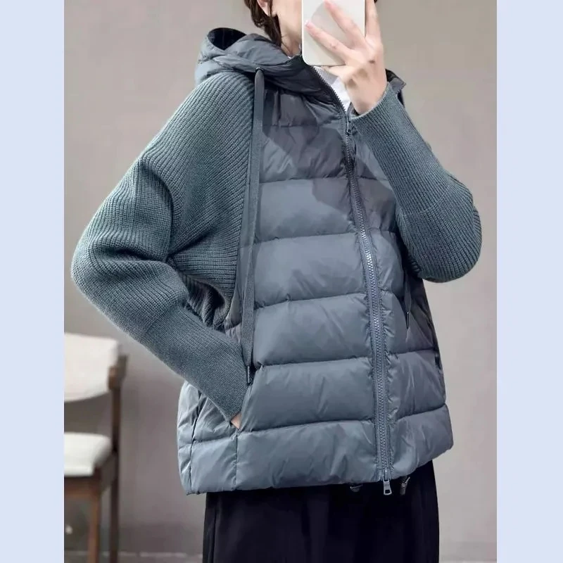 Autumn Winter Solid Color Hooded Cotton Coat 2025 New Casual Warm Knitting Cardigan Cotton Jacket Korean Fashion Women Outwear