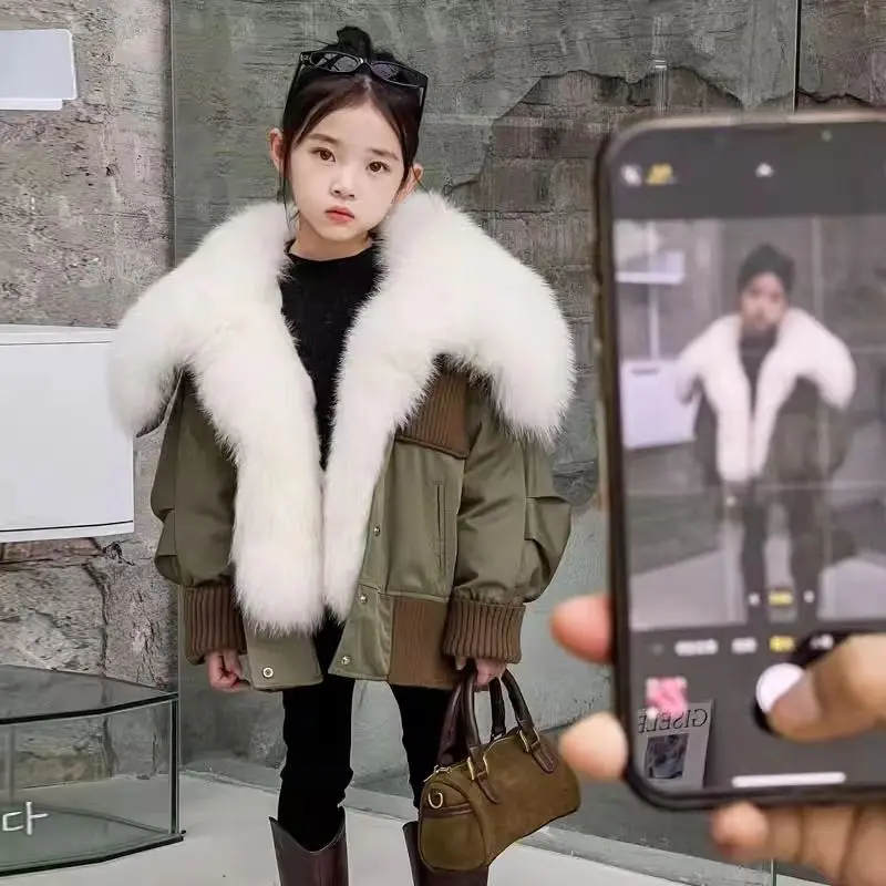 

Winter New Girl's Fur Coat Children's Detachable Imitation Fur Large Fur Collar Fashion Cotton Coat Girl Warm Coat Parent Child