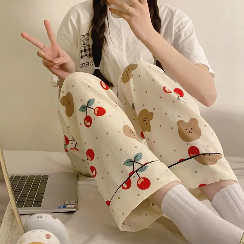 Pajama Pants for Women's 2024 New Summer Pure Cotton Long Pants, Bubble Cotton Thin Cotton Silk Cute and Wearable Home Pants