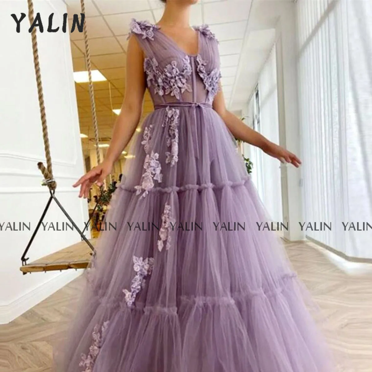 

YALIN Lavender Prom Dresses A-Line Slim Fit V-Neck Sling Simple 2022 New Design Tulle Embroidered Exquisite robe soirée