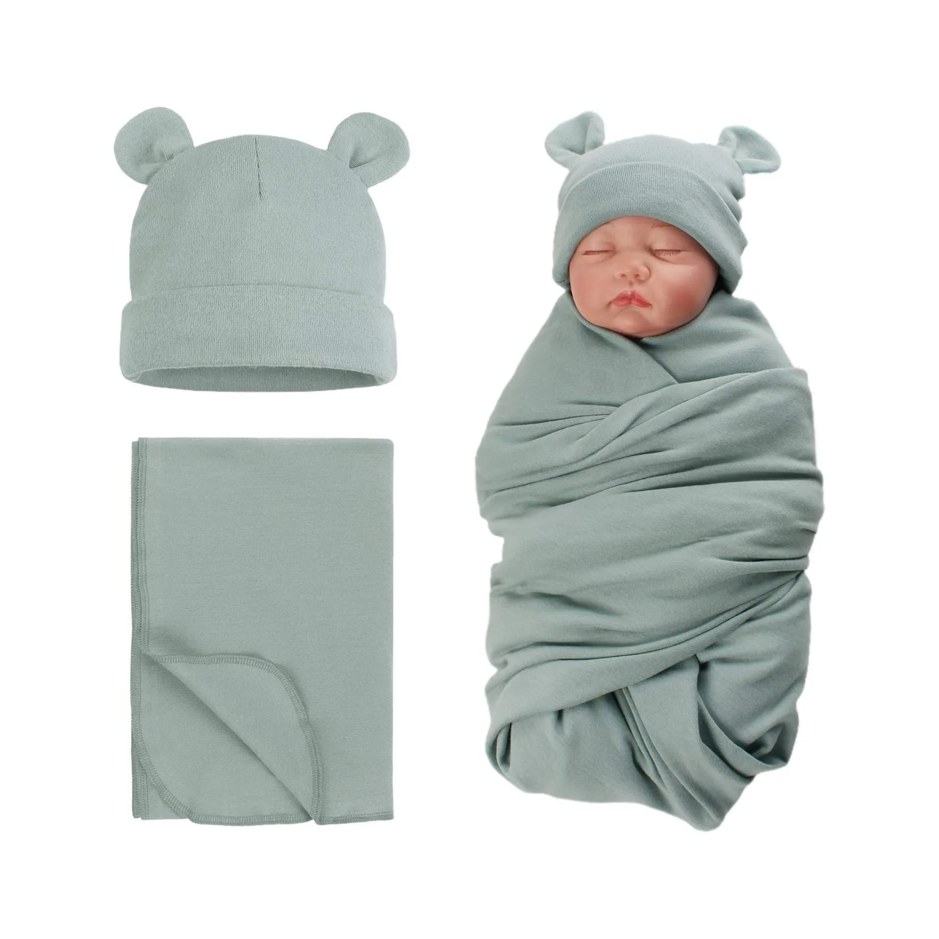 

2PCS Cotton Newborn Sleepsack Baby Swaddle Blanket Wrap Hat Set Infant New Born Sleeping Bag Candy Colors Muslin Blankets 0-12M
