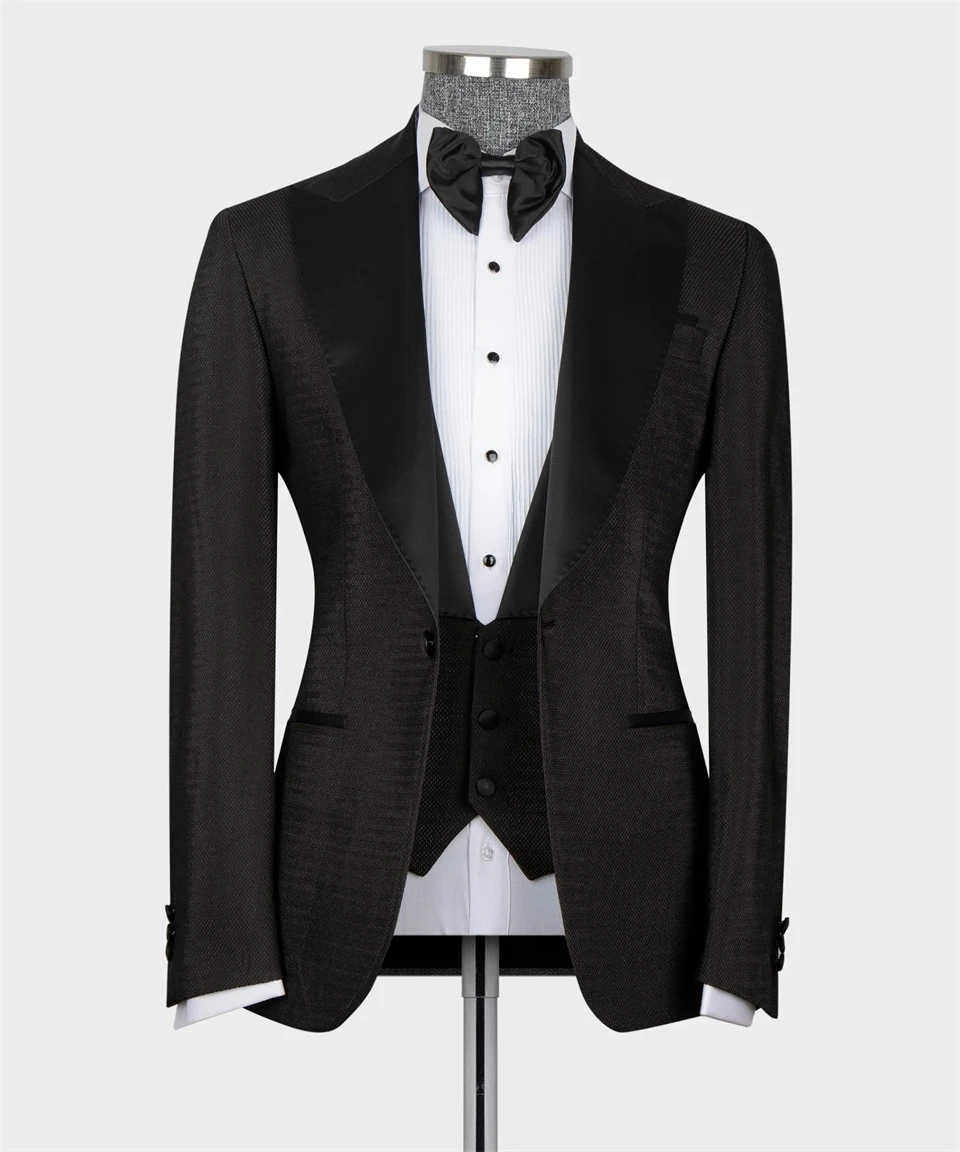 Black Lapeled Groomsman Tuxedo Business Wear Men's Suits 3PCS Blazer Vest Pants Formal Prom Party Suit