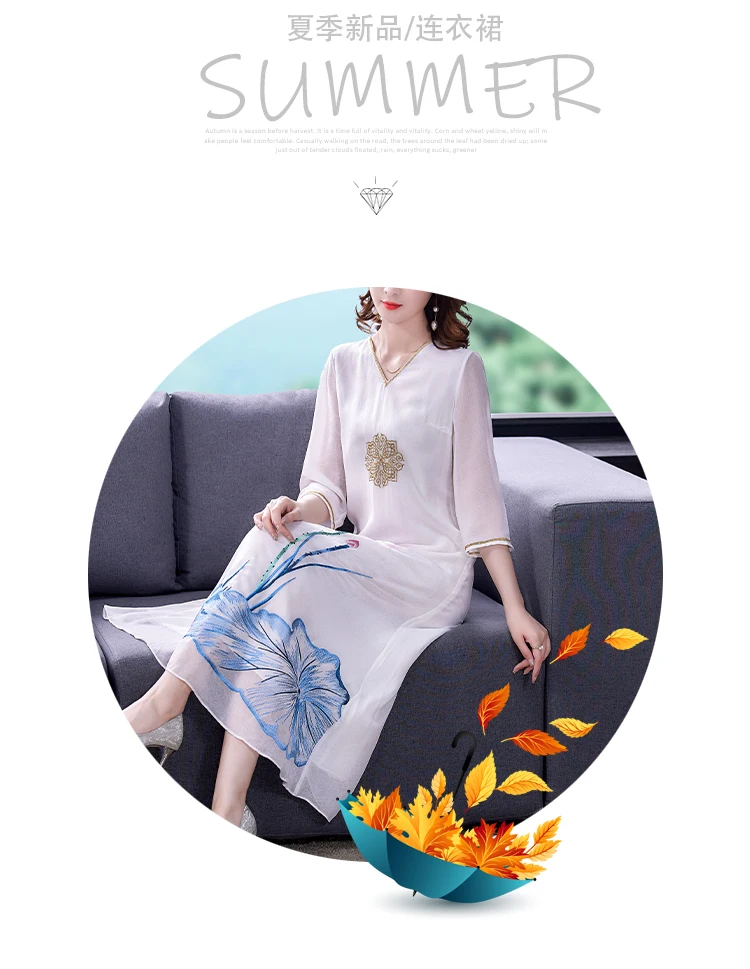 女性用ホワイトフローラルシルクミディドレス,Vネック,ライト