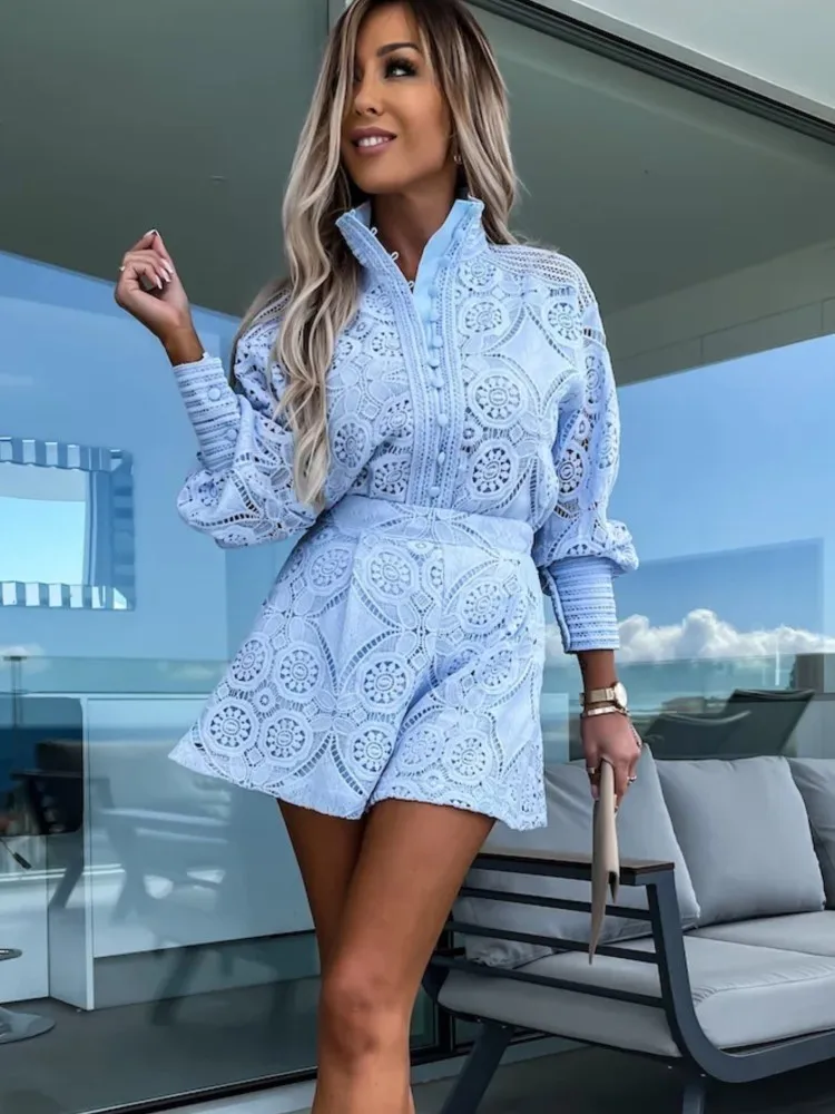 Women's Halter Lace Cold Shoulder Top – Summer Short Sleeve Blouse, Light Blue, Small