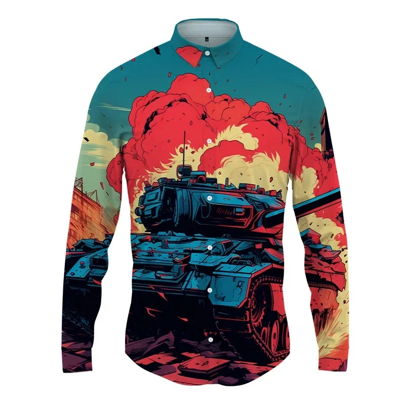 thumbnail image 1 of Camisa con estampado 3D de tanque para hombre y mujer, camisa informal de manga larga a la moda, ropa de calle con botones, ropa unisex de gran tamaño, 1 of 5