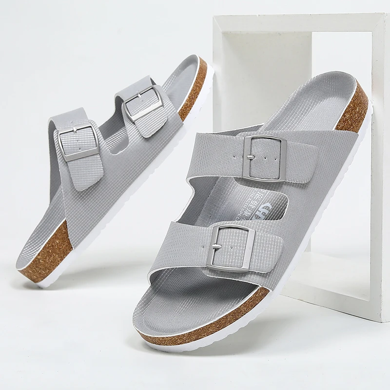 Summer Men Cork Slippers Slides Clogs Casual Slip On Sandals Double Buckle Women Microfiber Leather Unisex Big Size 47 48 49 — view 4