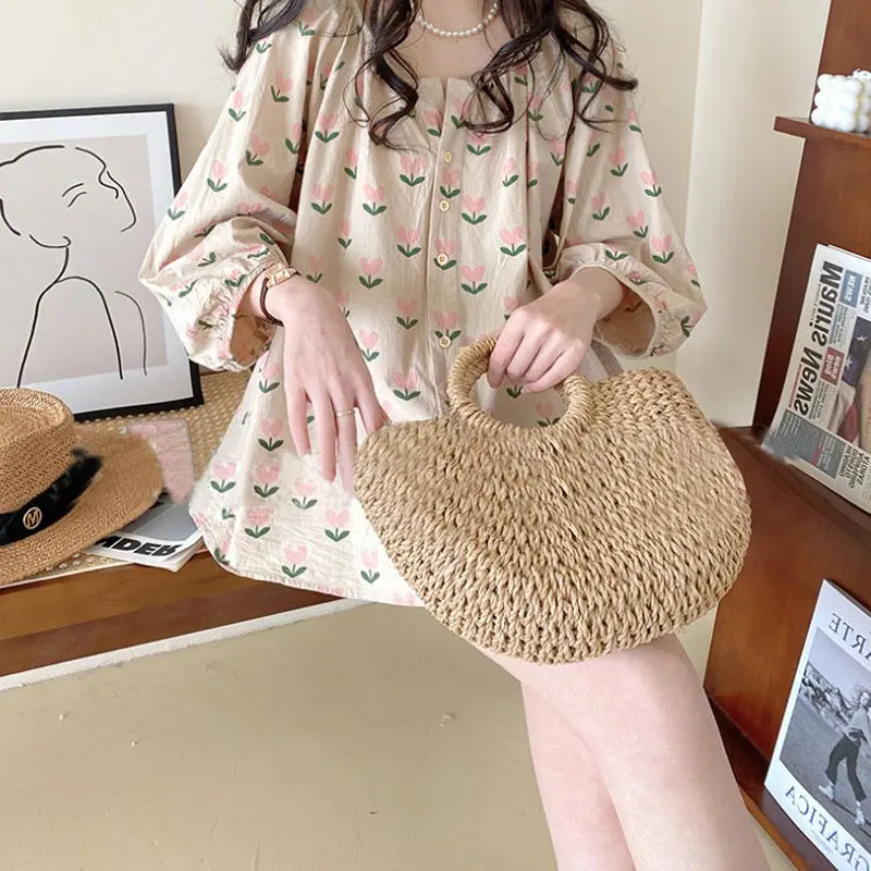 Female Clothing Korean Round Neck Shirt Casual Floral Printed 2024 Spring Summer Loose 3/4 Sleeve Commute Single-breasted Blouse
