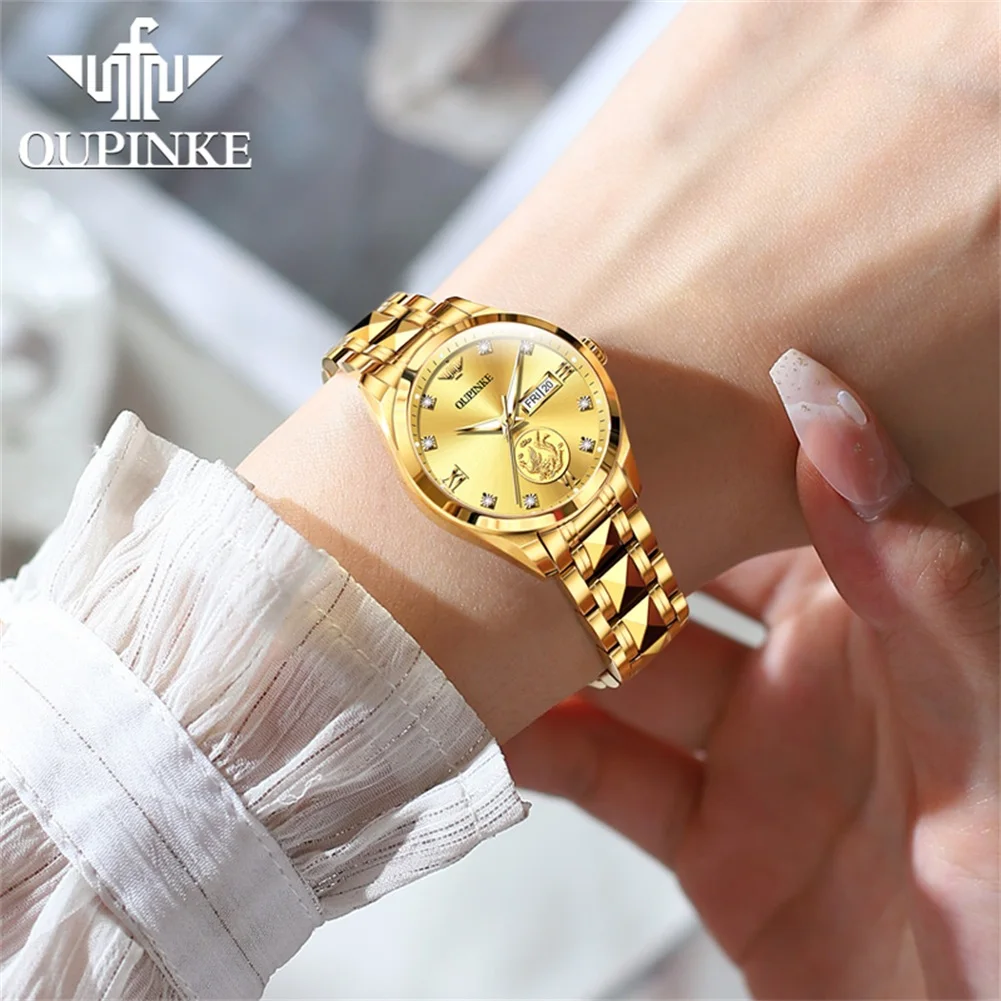 OUPINKE 3259 Japan Automatic Watches For Women Elegant Luxury Tungsten Steel Dual Calendar Real Gold Mechanical Woman Wristwatch