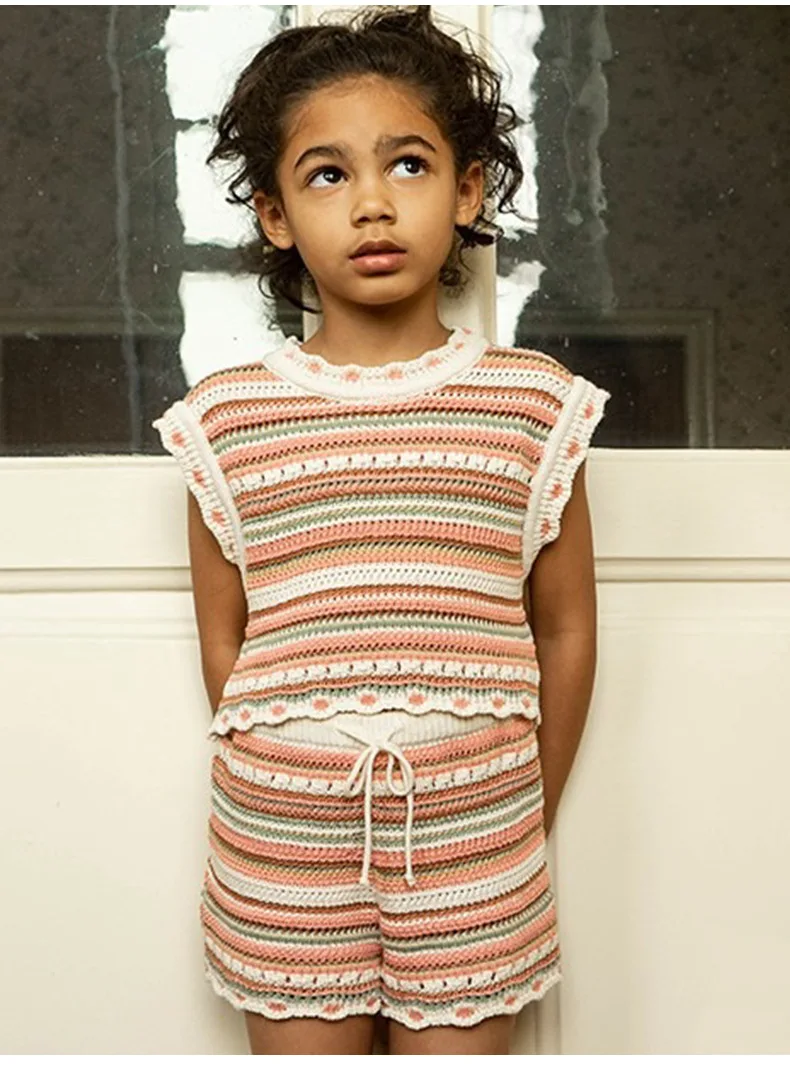Детская одежда для девочек, комплекты одежды 2024, летняя новая брендовая Милая вязаная жилетка с вырезами и шорты для девочек, эксклюзивная одежда