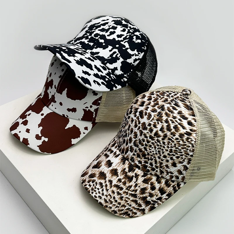 

New Women Print Cow Leopard Baseball Hats Mesh Breathable Criss Cross Ponytail Sunshade Versatile Trucker caps Fashion Outdoor