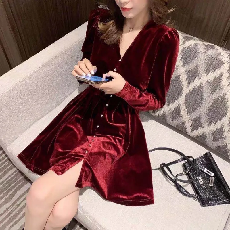 

Autumn and Winter Women's Solid V-Neck Long Sleeve Single Breasted Slim Elegant Fashion Casual Formal Office Lady Dress
