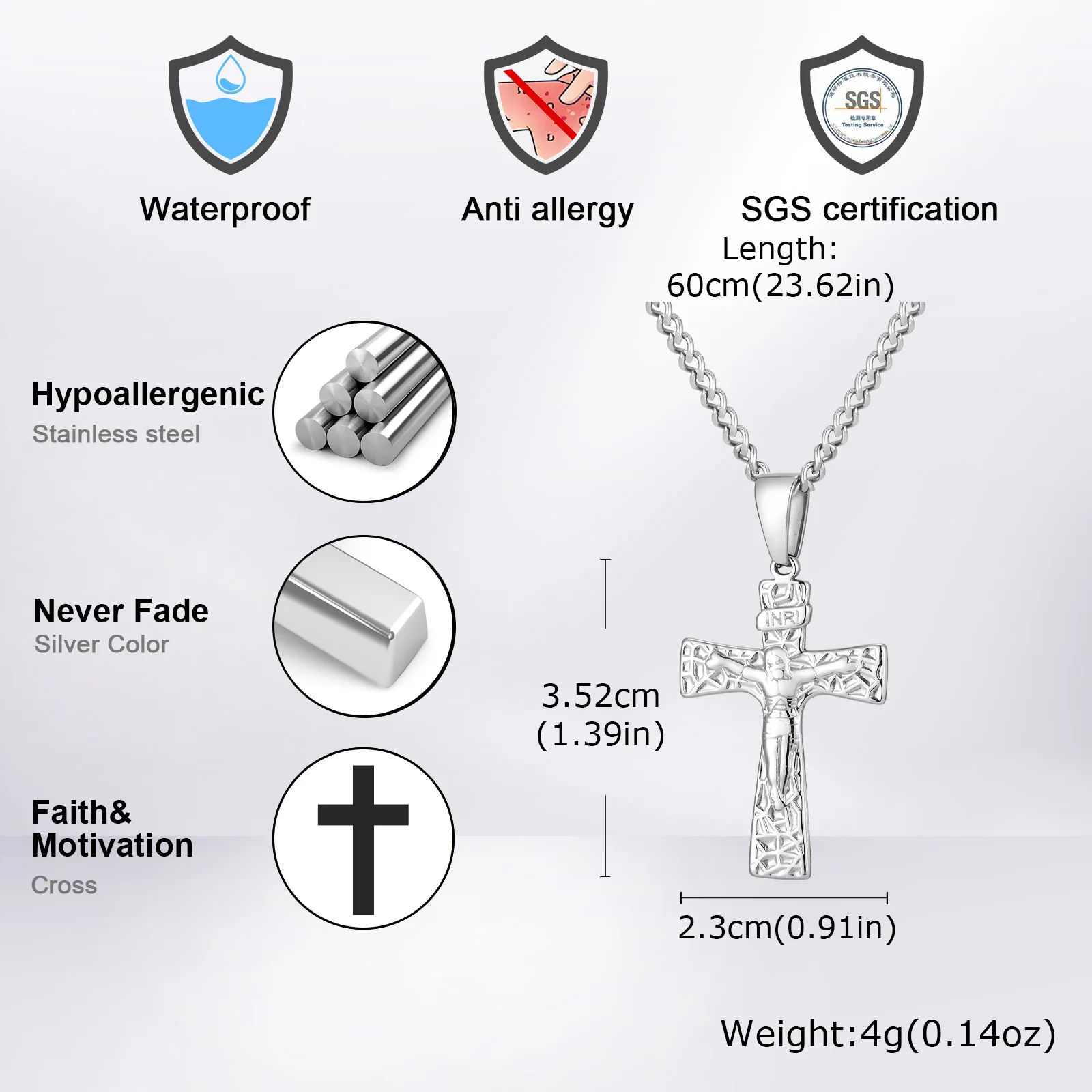 Fashion Christ Cross Necklace for Men,Silver Color Stainless Steel Cross Metal Pendant with Cuban Link Chain,Male Jewelry Gift