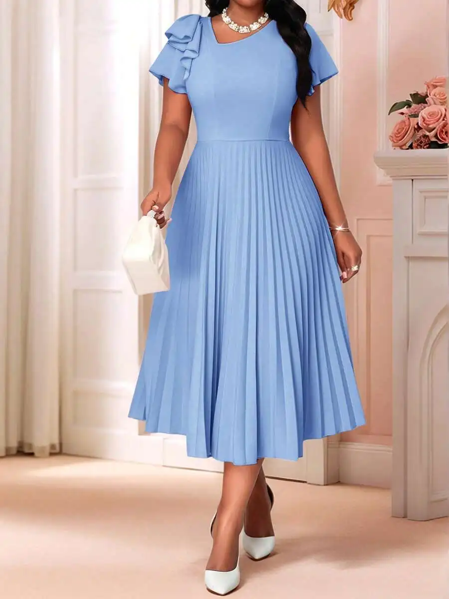 Elegant Pleated Midi Dress With Flounce Sleeve Round Neck Casual Summer Womens…