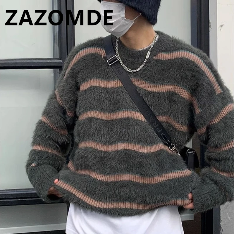 ZAZOMDE Autumn Winter Striped O-neck Sweater Casual Loose High Street Thickened Sweaters Pullovers Men Top Male Knitwear Clothes