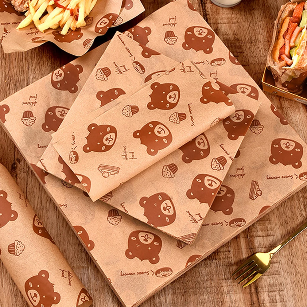 Baking Oil Paper Cute Bear Sandwich Bread Burger Fries Wrapping Paper Oil-Absorbing Kitchen Backing Mat 100 Sheet