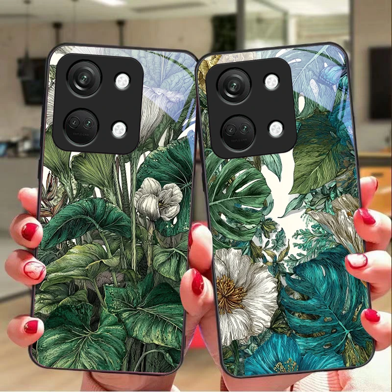 Green Tropical Plants Black Tempered Glass Phone Case