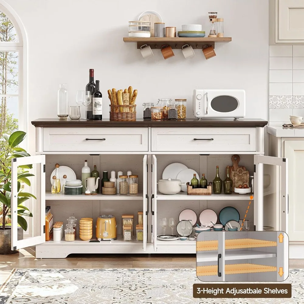 buffet cabinet with storage, 60" sideboard cabinet with 4 glass doors and 2 drawers, modern storage console with adjustable shel