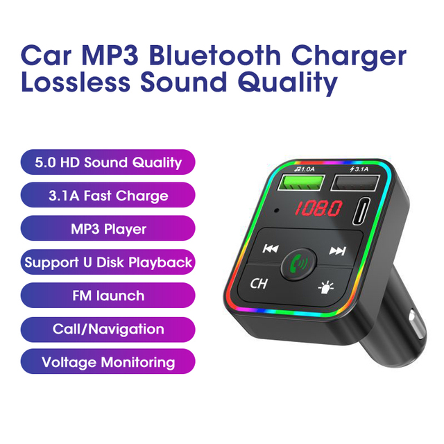 5.0 FM Transmitter Car MP3 Player Atmosphere light Wireless Handsfree Audio Receiver USB Fast Charge TF U Disk play