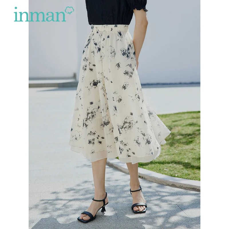 INMAN Women Skirt 2023 Summer Elastic Waist A-shaped Loose Ink Printing Pleated Design Elegant Apricot Mid-length Skirt 4442 hot selling custom design excellent quality business card aluminium business card printing metal business card