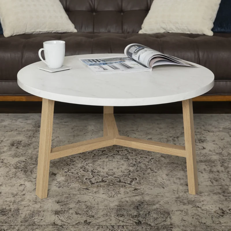 

Mid-Century Modern Round Coffee Table, White Marble/Light Oak