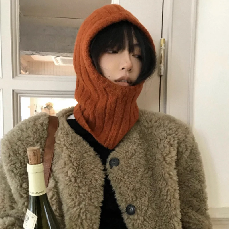 2023 Korea Wool Balaclava Winter Hat for Women Men Unisex Knitted Hooded Caps Outdoor Warmer One-Piece Neck Collar Beanies Cap 2