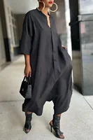 Women Plus Size Jumpsuit Business Casual Black Shirt Collar 3/4 Sleeve Pocket Harem Pants Rompers Single Breasted Loose Outfits