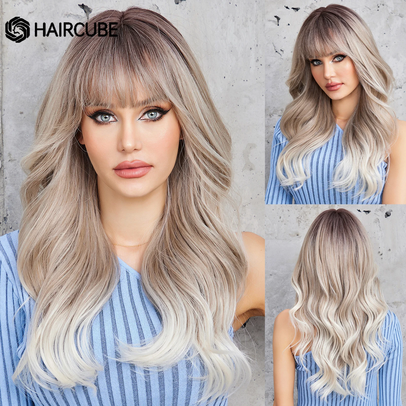 HAIRCUBE Ombre Brown to Gray White Synthetic Wigs for Women Long Wavy Natural Wigs With Bangs Daily Cosplay Natural Fake Hair