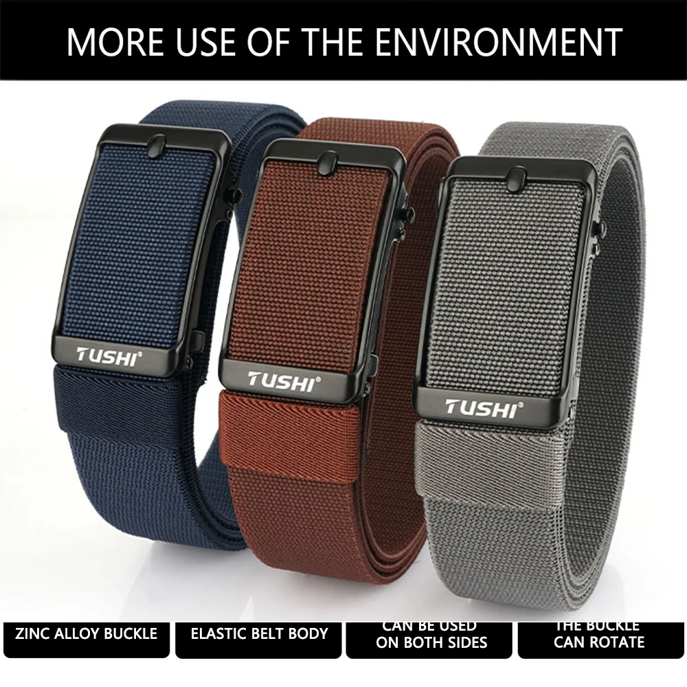TUSHI New Elastic Belt For Men Automatic buckle Alloy Quick Release Strong Outdoor Casual Belt Tight Nylon Stretch Waistband
