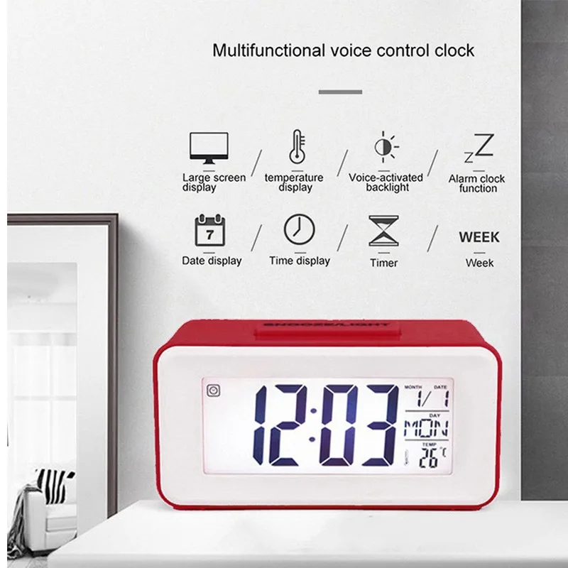 Desk Digital Clock Table Electronic Clock Sound Control Backlight 12/24 Alarm Clock Ringtones Bedrooms Bedside Kids Home Decor