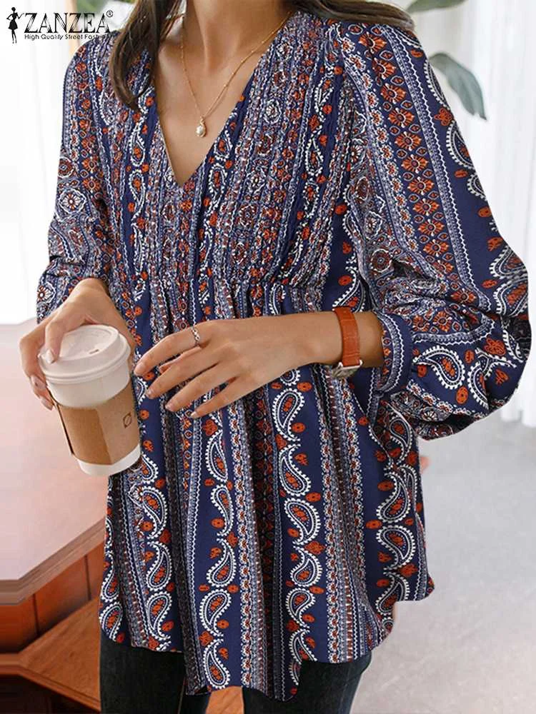 

ZANZEA 2024 Summer Printed Tops Pleated V-neck Tunic Elegant Women Bohemian Blouse Casual Smocking Long Sleeve Blusas Oversized