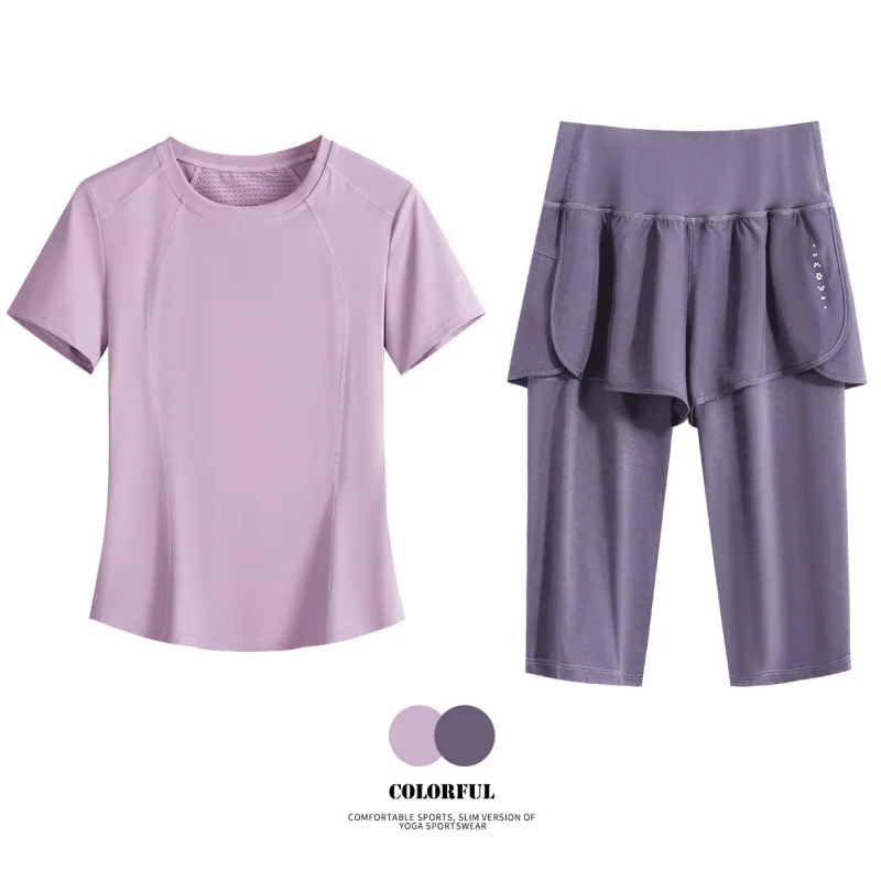 DRUR Women Slim Fit Yoga Clothes Summer Breathable 2 Piece Workout Pants Set Ladies Tracksuit Gym Outfit Lightweight Sportswear 2