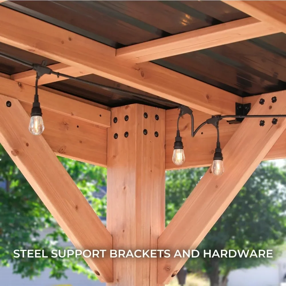 12 x 9.5 All Cedar Wooden Gazebo Pavilion Hard Top Steel Slope Roof Supports Snow Loads and Wind Speed Rot Resistant